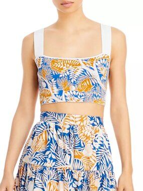 STAUD Women's Blue Multi Zola Leaf Print Square-Neck Crop Top Size XL